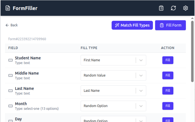 FormFiller extension popup interface
