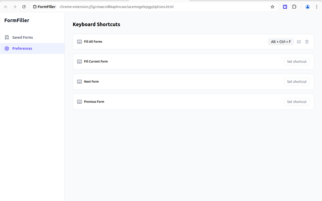 FormFiller keyboard shortcuts